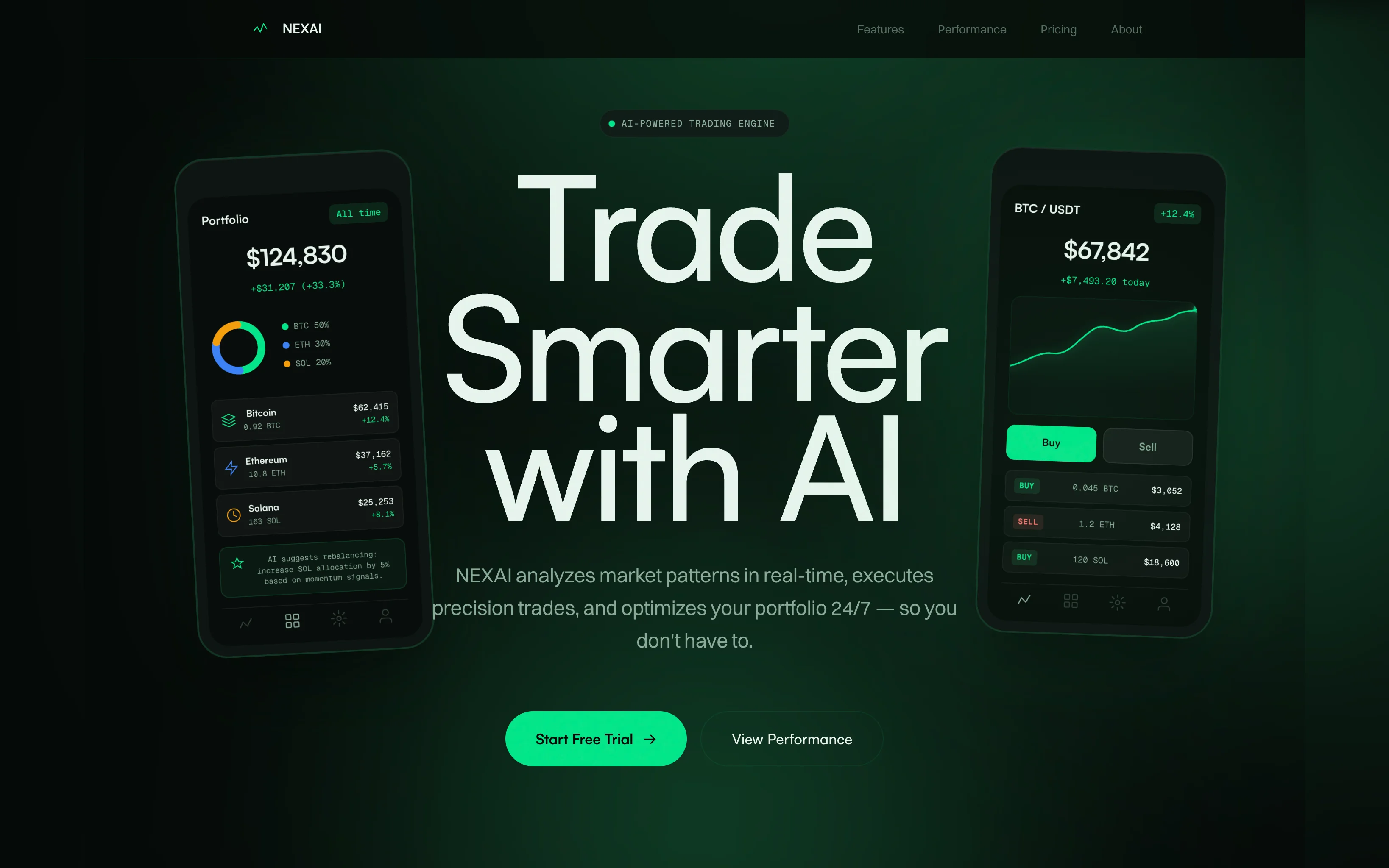 NEXAI. A crypto trading bot dressed in the green of a gain.